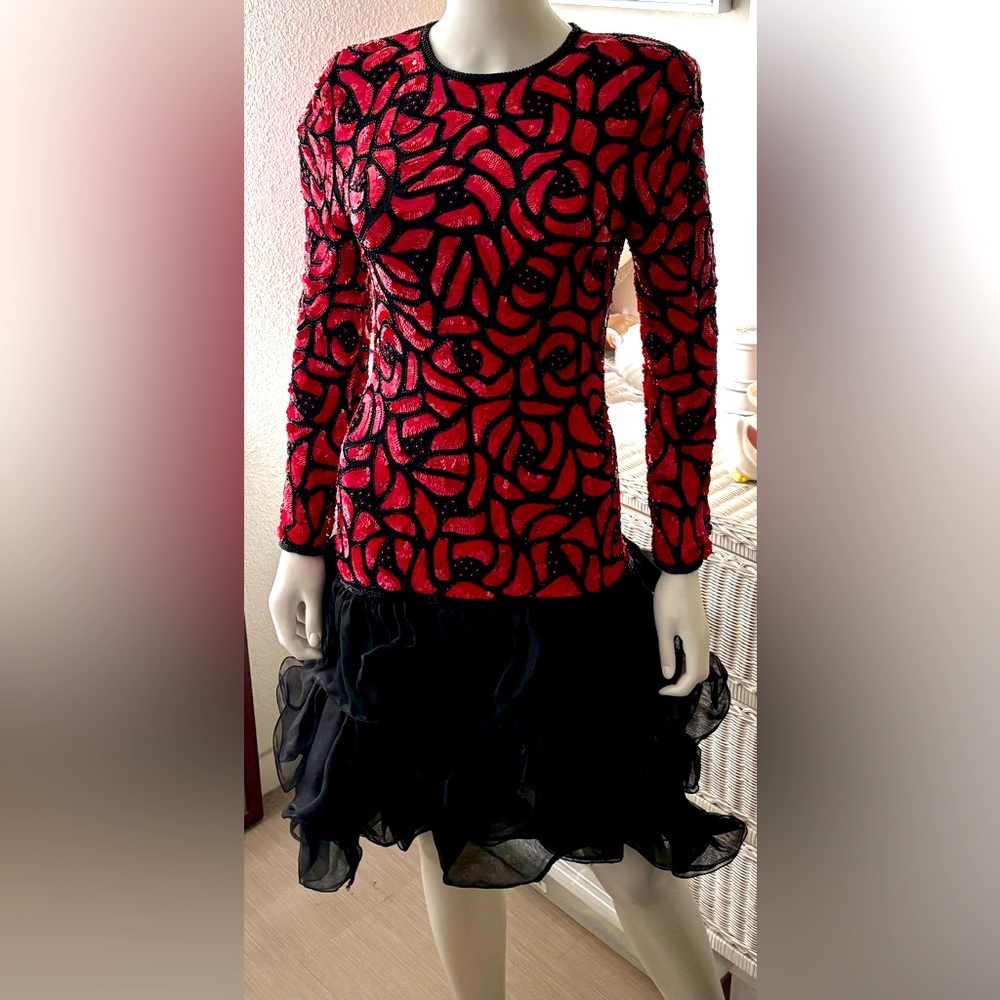 Vintage 80s Sequin Midi Dress Silk Bead Scarlet Rage Drop Waist Black Red Size S